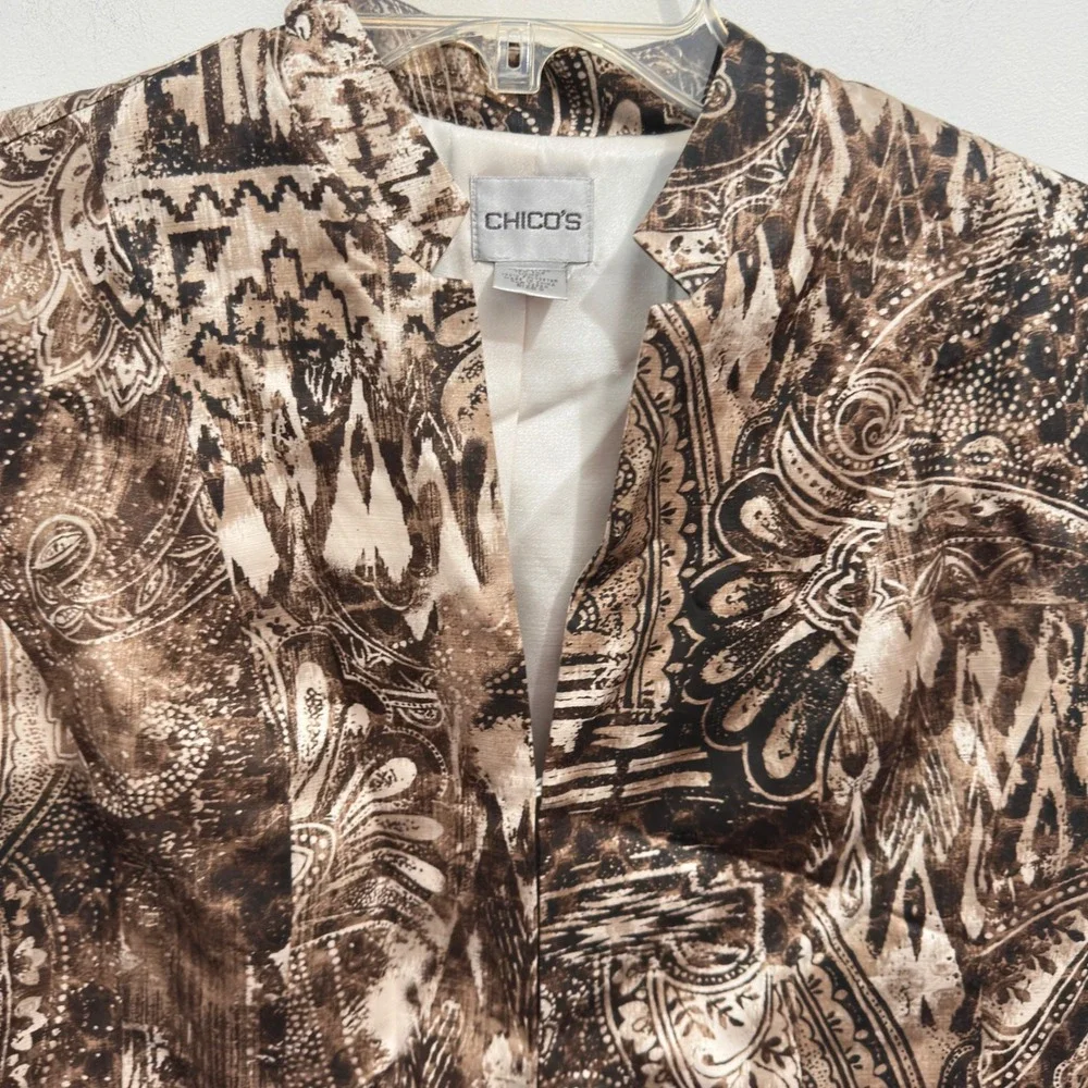 Chico's Blazer Jacket Brown Paisley Silk Cotton Print Size 0 XS Open Front Hook